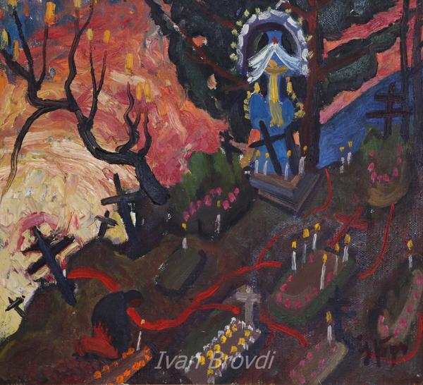 Поминальний день. 1970-ті. Полотно, олія. 90х100. Praying for deceased. 1970s. Cardboard, oil.