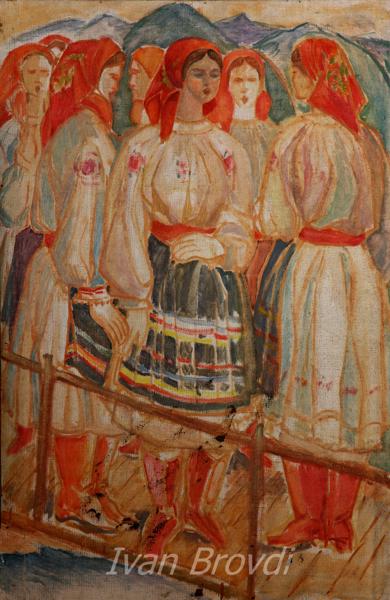 Березнянськi молодицi. 1960-ті. Картон, олія. 80×60. Bereznyi young ladies. 1960s. Cardboard, oil.