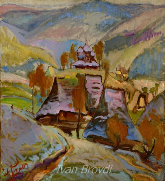 Село Гусний. 1960-ті. Картон, олія. 70х60. Husnyi village. 1960s. Cardboard, oil.